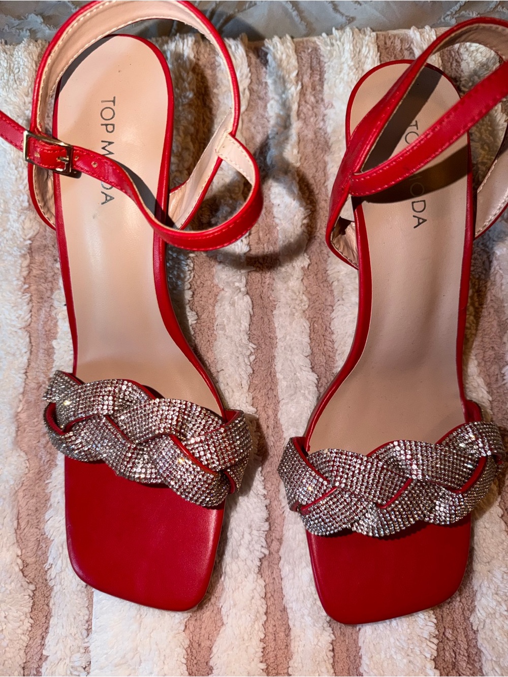 TOP Moda Red Crystal Braided Strap Ankle-Heel Sandals